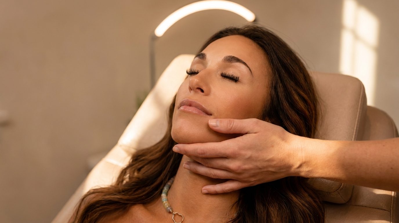 A provider's hand resting gently at a reclined client's jawline beneath a soft ring light.