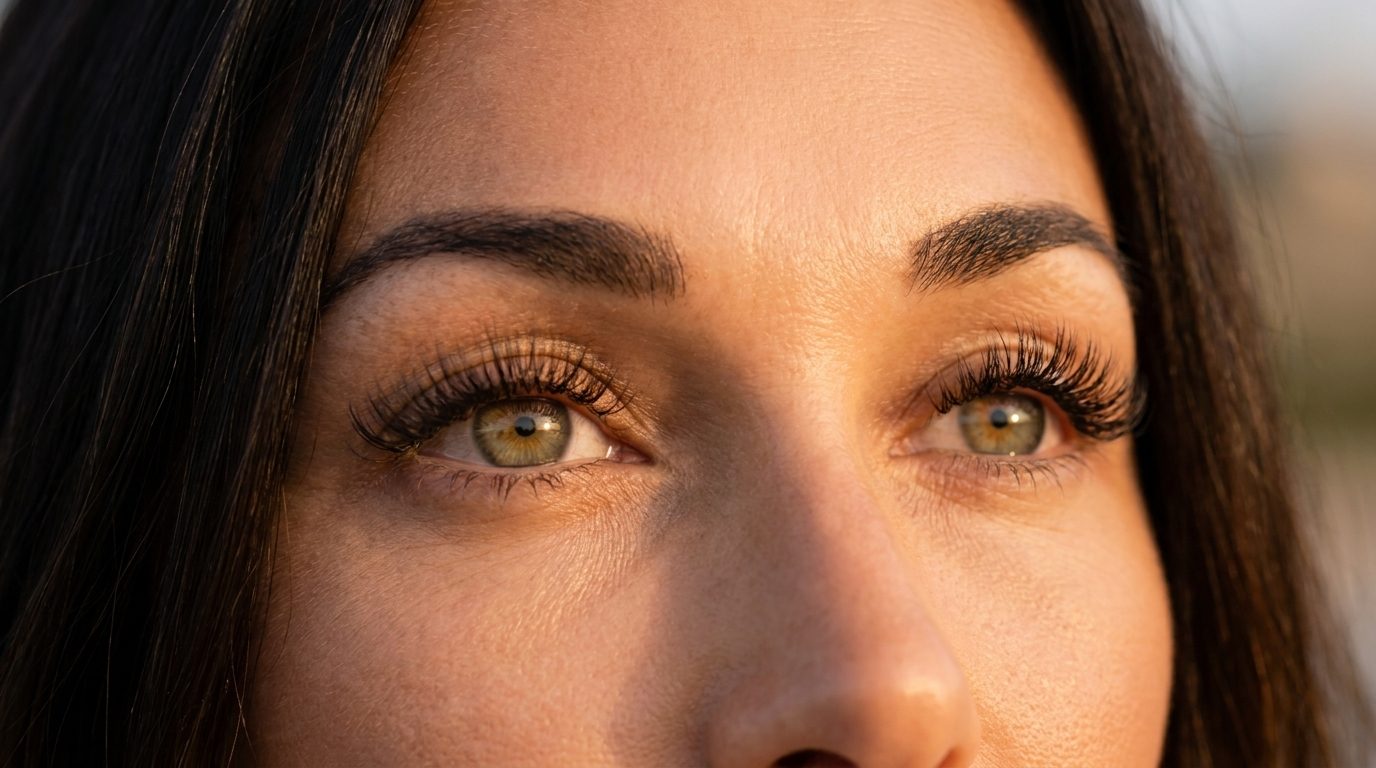 Close-up of natural, full lash extensions framing calm, open eyes.
