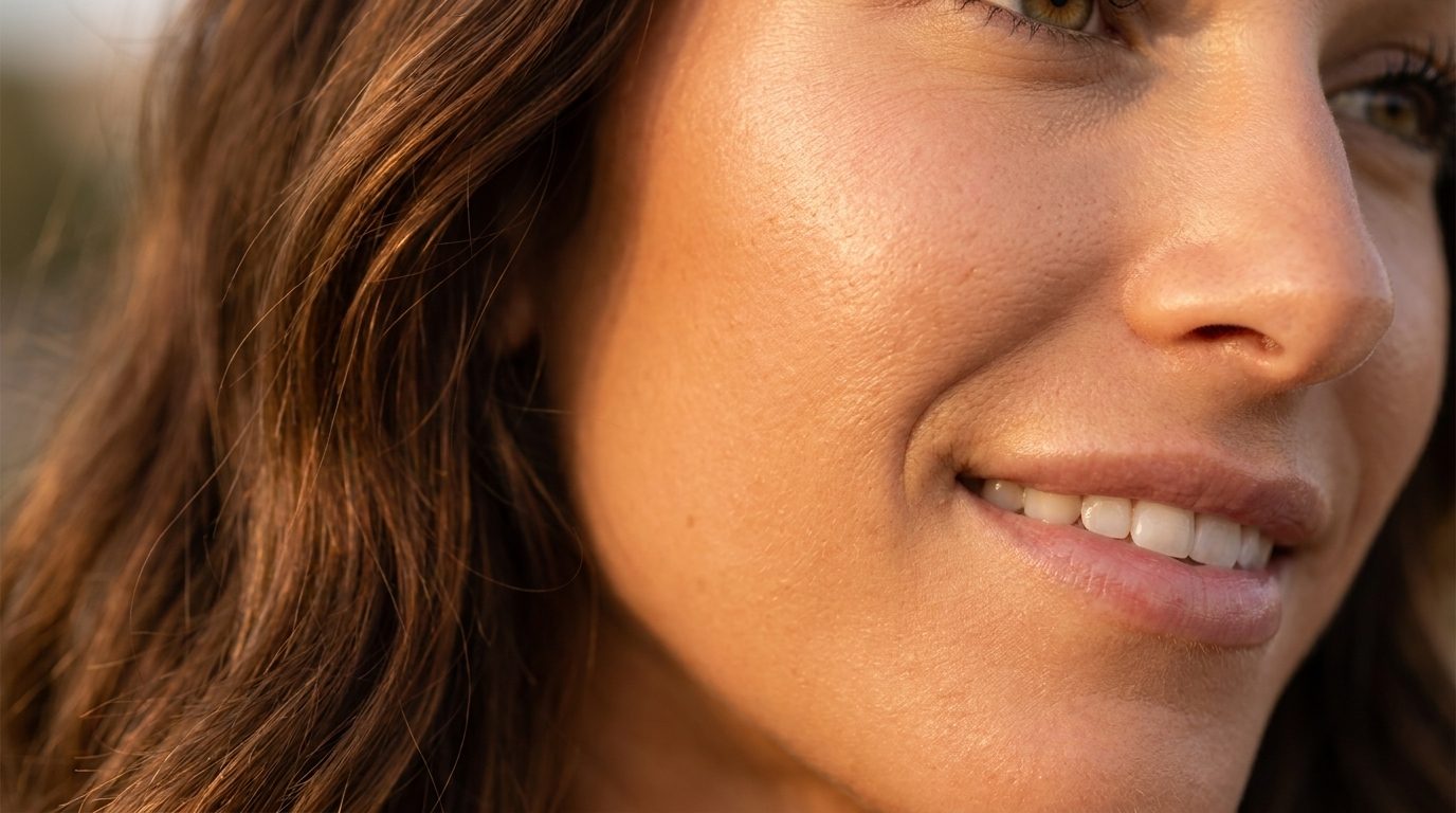 Close-up of a woman's cheek and easy smile showing healthy, natural skin.