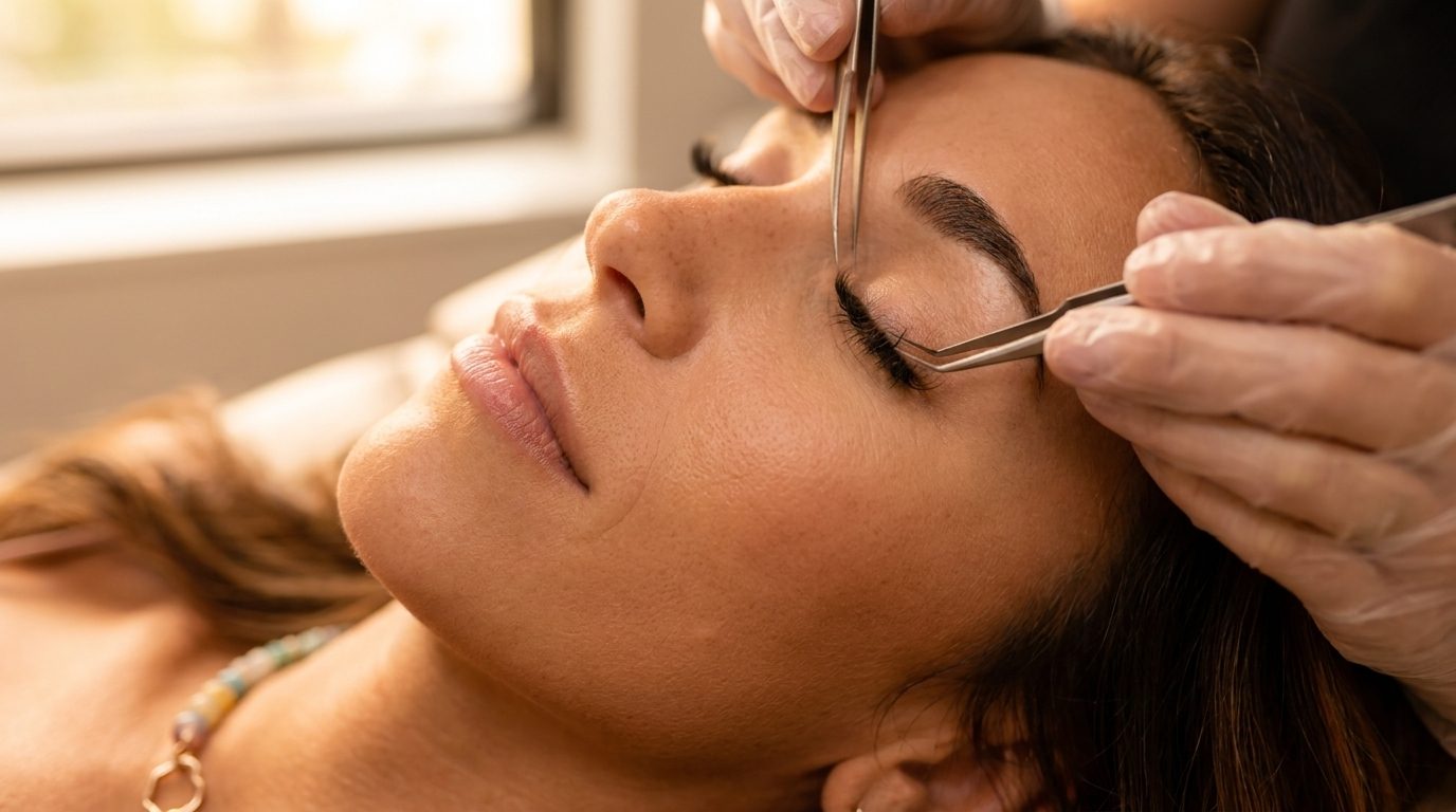 Close-up of lash extensions applied with fine tweezers during a lash appointment.