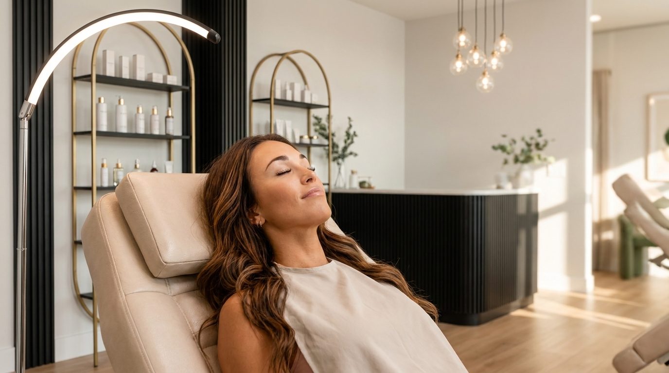 A woman relaxing in a recliner during a lash lift beneath an arched ring light.