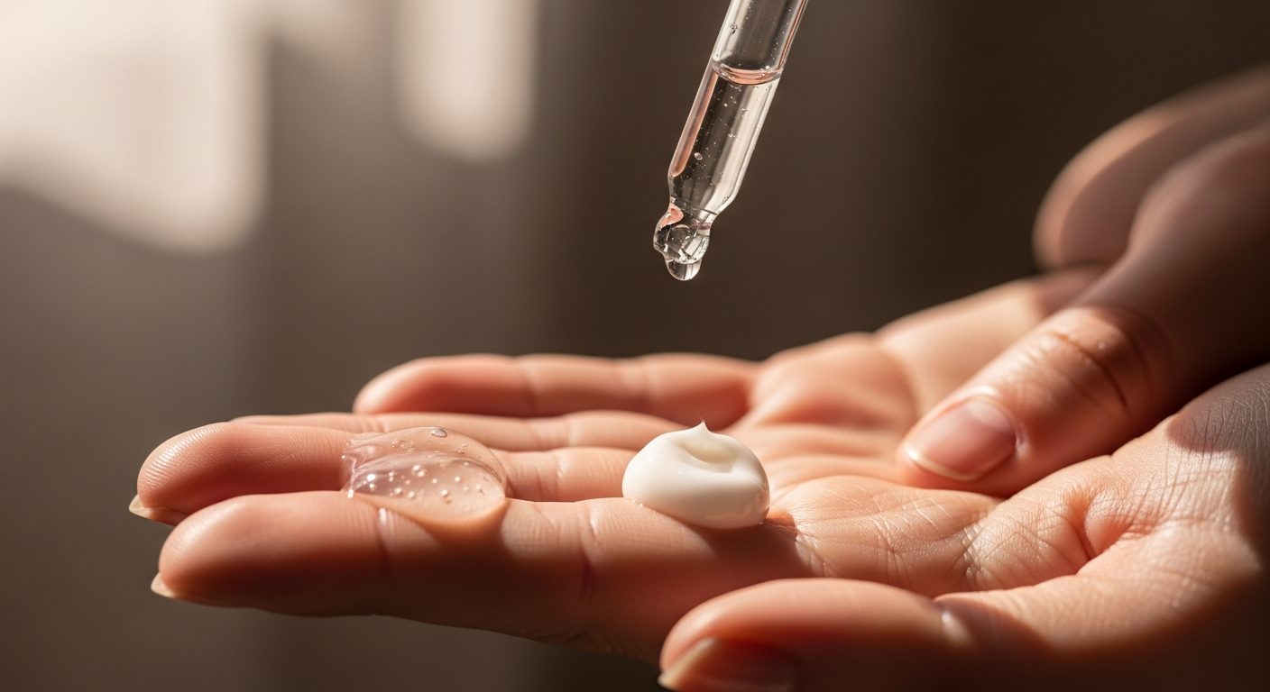 A macro of a serum dropper and cream on fingertips over warm skin.