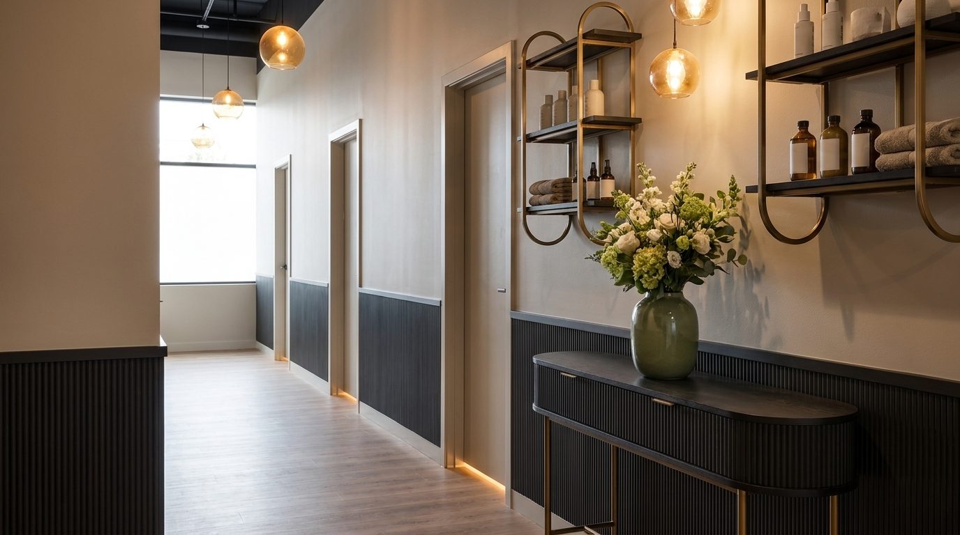 A calm Bellamarque hallway toward the treatment rooms.
