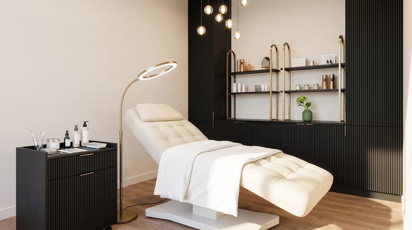A styled Bellamarque treatment room with a cream tufted recliner and an arched LED ring light.