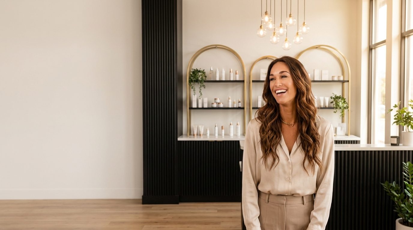 A woman standing and laughing in the studio, radiant and refreshed.